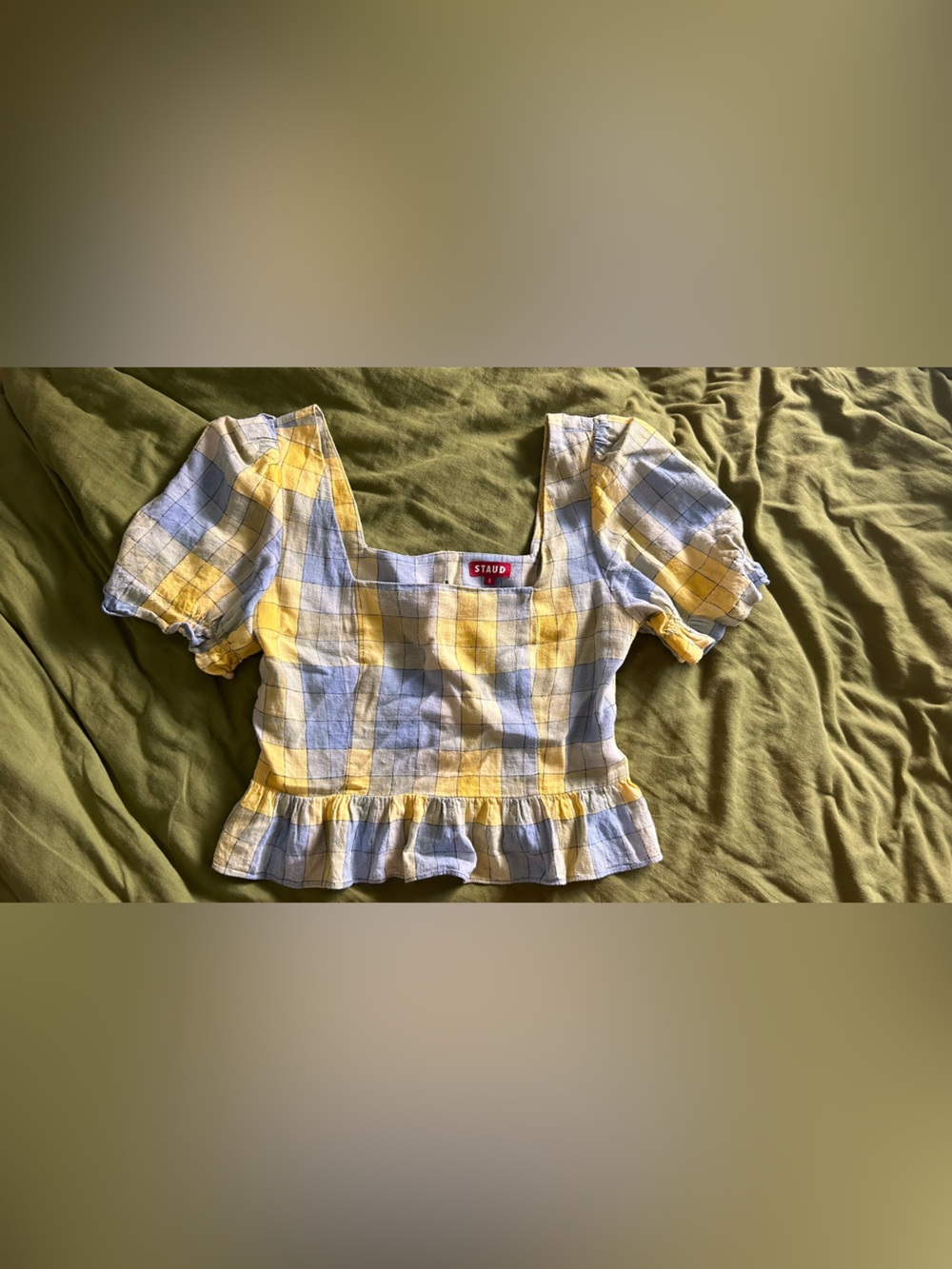 STAUD Yellow & Light Blue Plaid Cotton Peplum Crop Top
